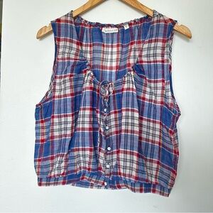 DOEN Theo Top, Plaid Sleeveless peasant Top - large NWOT